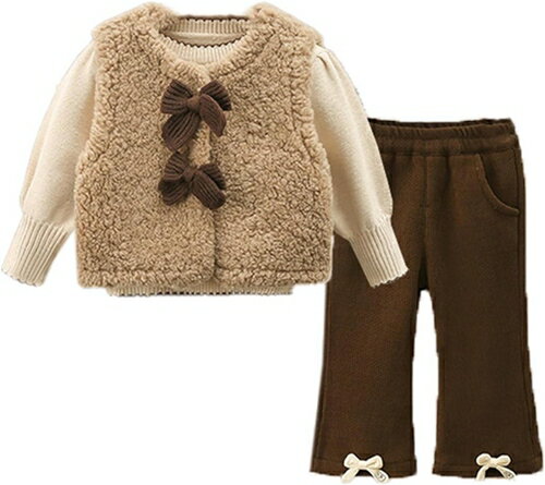 子供服 女の子 おしゃれ セットアップ 秋 冬 暖かい 可愛い フォーマル 結婚式 発表会 七五三 キッズ ガールズ ニットトップス+ロングパンツ ファーベスト 3点セット お姫様 記念日 おしゃれ