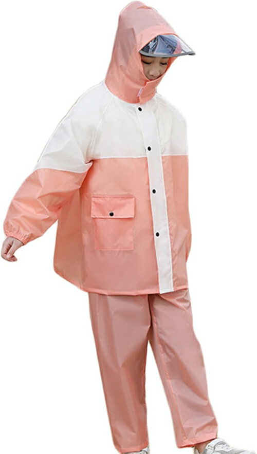 キッズレインコート アウトドア レインポンチョ レインウェア 子供用 女の子 男の子 防水 かわいい 自転車 ストライプ 雨具 ピンク 合羽 カッパ スリーブ付き 上下セット 通学 XL 移動教室 運