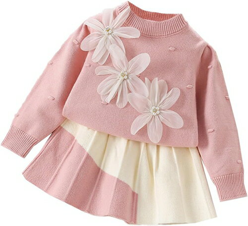 子供服 女の子 セットアップ 秋冬 発表会 誕生日 おしゃれ 上下セット ニットトップス＋プリーツスカー..