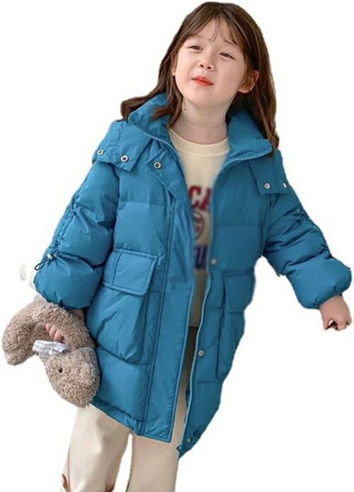 キッズ ダウンコート ファスナー ダウンジャケット 子供 ウルトラライト 暖かい ラウンドネック フード付き ロング丈 女の子 ブルー 中綿ジャケット かわいい 110 120 130 140 150