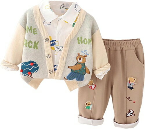 ベビーセットアップ 3点セット 上下セット 男の子 ベビー服 子供服 子供 子供シャツ ニットカーディガ..