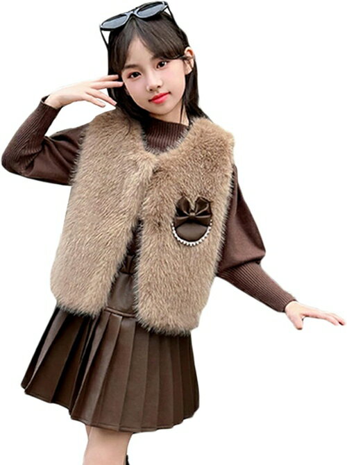 3点セット キッズ フェイクファー ベスト 長袖 ニットセーター 秋冬 子供 レザースカート もこもこ 可..