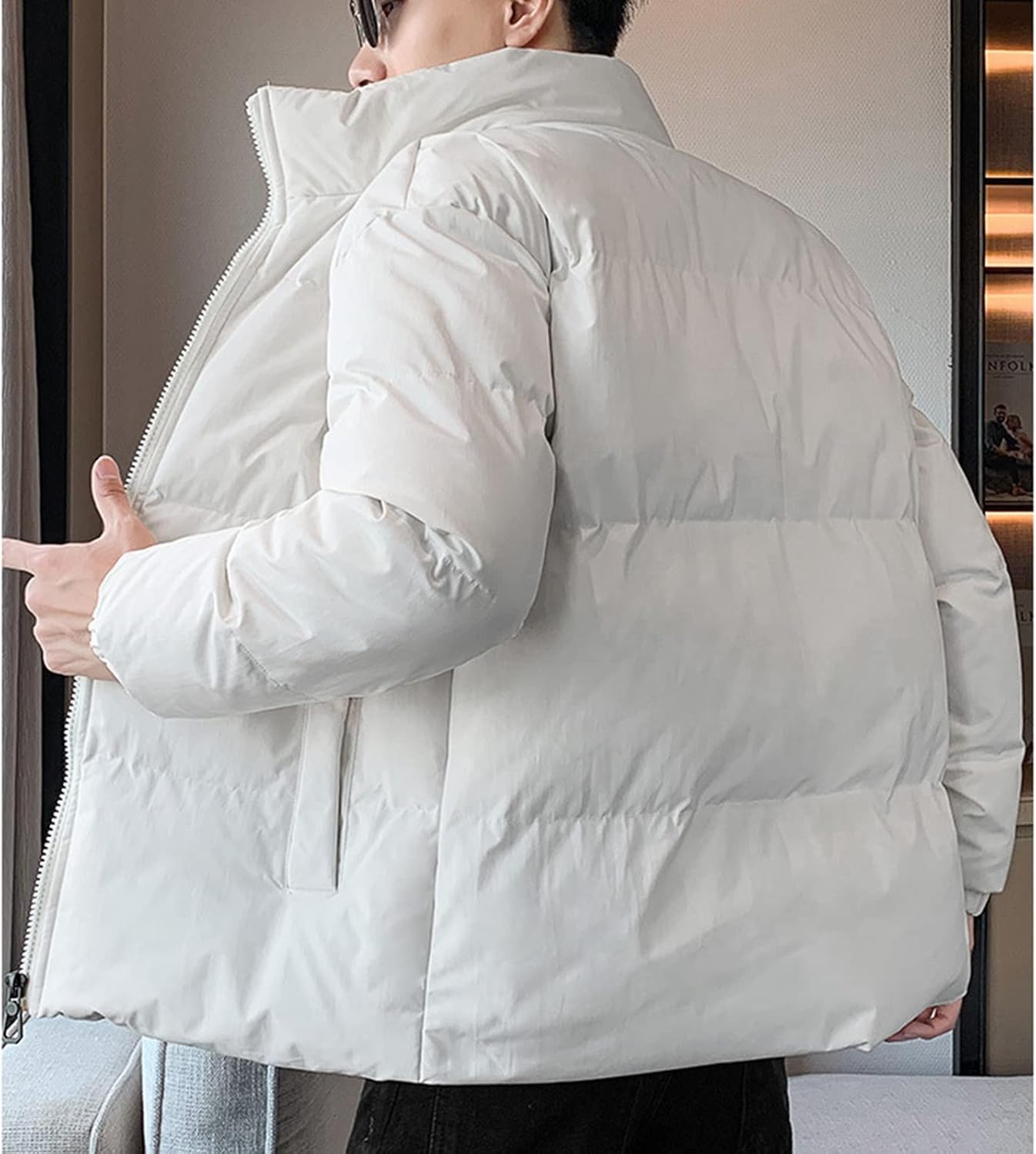 ダウンジャケット　メンズ　ショート丈　大きめ　中綿コート　冬　裏起毛　防寒　ふわふわ　暖かい　登山　アウトドア　カッコイイ　カジュアル　シンプル　無地　スタンドカラー