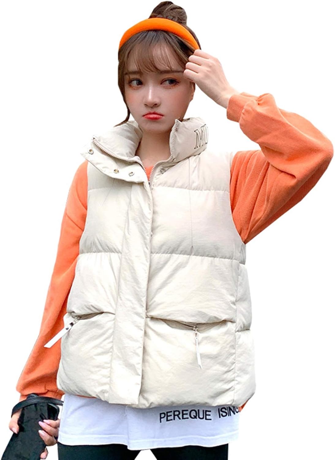 レディース ダウンベスト 秋冬 中綿 防寒 防風 暖かい ショート丈 スタンドカラー ノースリーブ 軽量 ゆったり 体型カバー おしゃれ 通勤 通学 アウトドア 大きいサイズ 英字柄 ブラック/ベージ