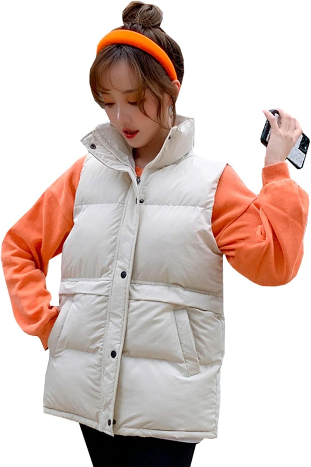 レディース ダウンベスト 秋冬 中綿 防寒 防風 暖かい ショート丈 スタンドカラー ノースリーブ 軽量 ゆったり 体型カバー おしゃれ 通勤 通学 アウトドア 大きいサイズ 無地 ブラック/ベージュ(4)