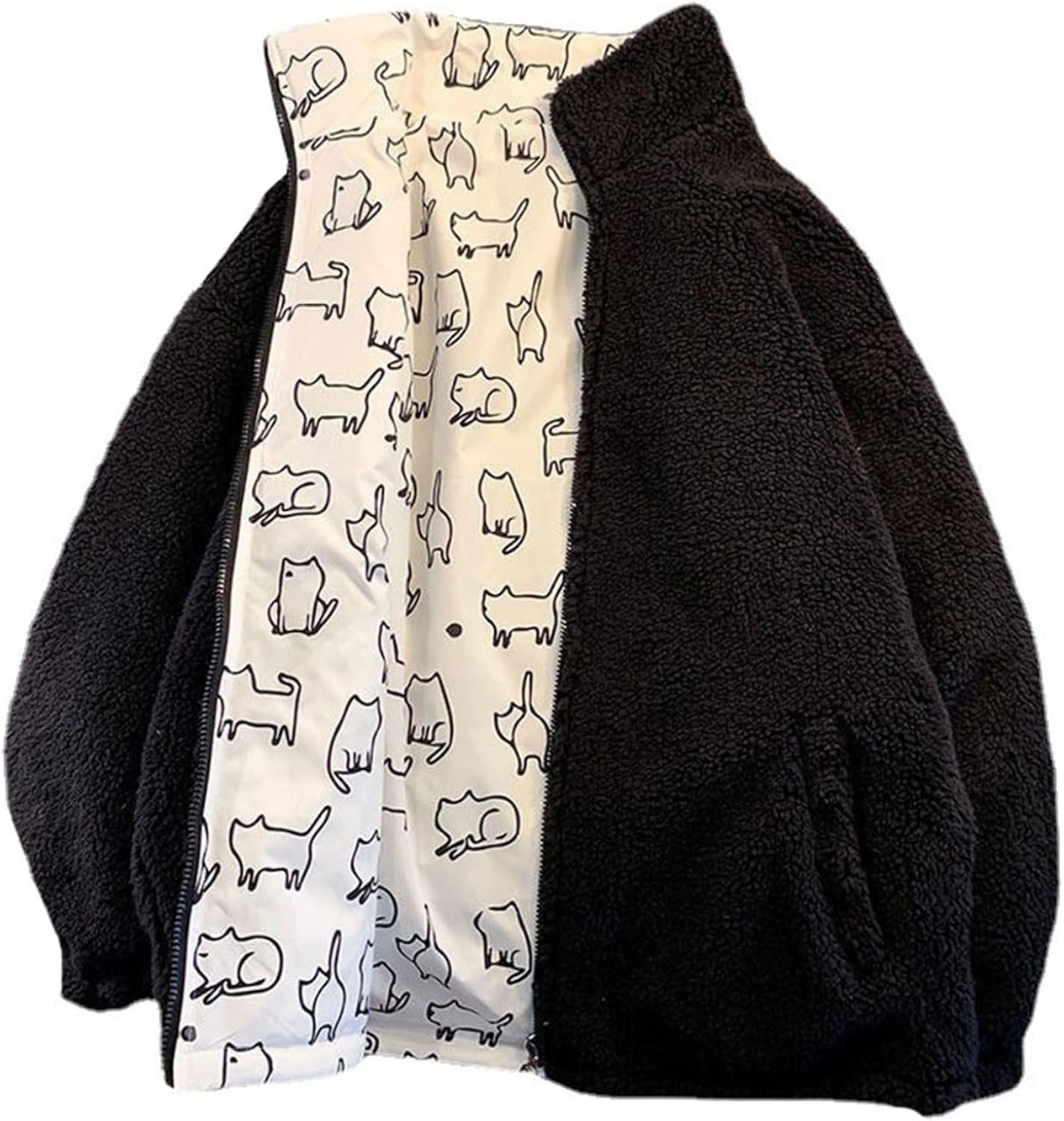 リバーシブル　中綿ジャケット　メンズ　大きめ　冬　防風防寒　厚手　暖かい　フリース　カジュアル　通勤　通学　アウトドア　アウター　ショート丈　スタンドカラー　カッコイイ　おしゃれ　猫柄　ダウンコートのサムネイル
