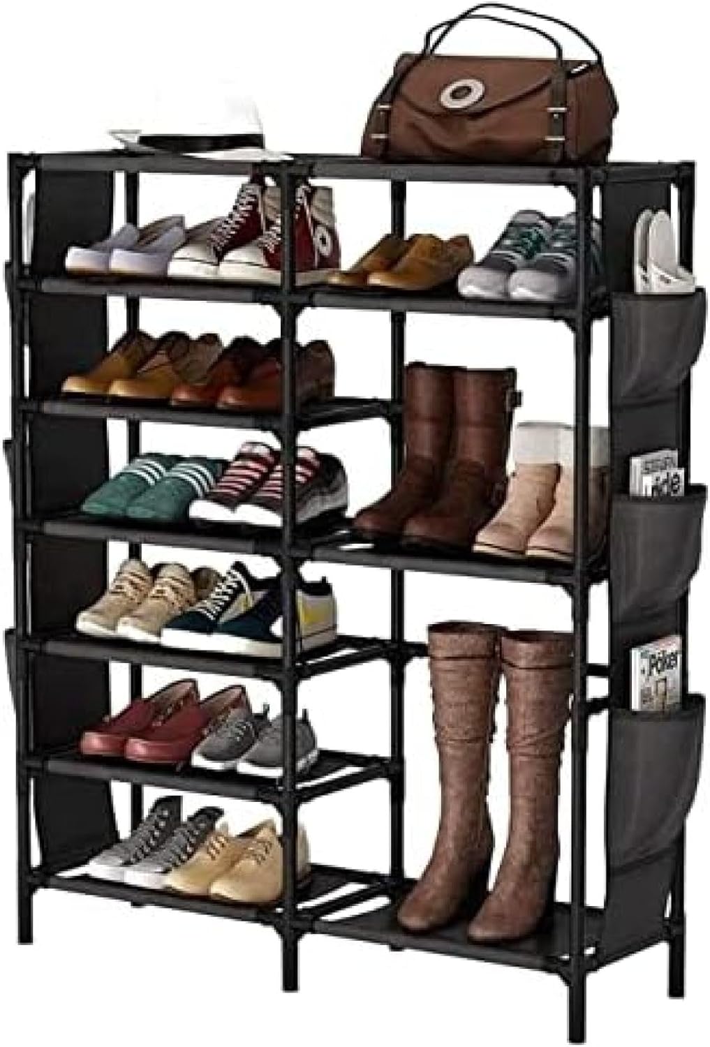 靴箱 シューズラック 靴棚 靴収納 二重列シューズラックとサイドバッグ大胆な塗装チューブシューズブーツスタンド多層収納オーガナイザーホルダー 下駄箱