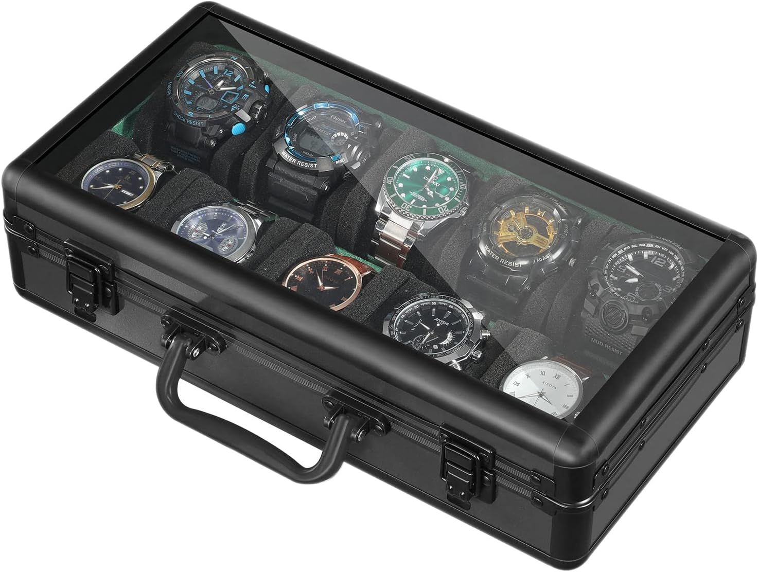 アルミ製 時計ケース 収納ボックス コレクションケース 収納ケース 10本用 グリーンのマイクロファイバー裏地