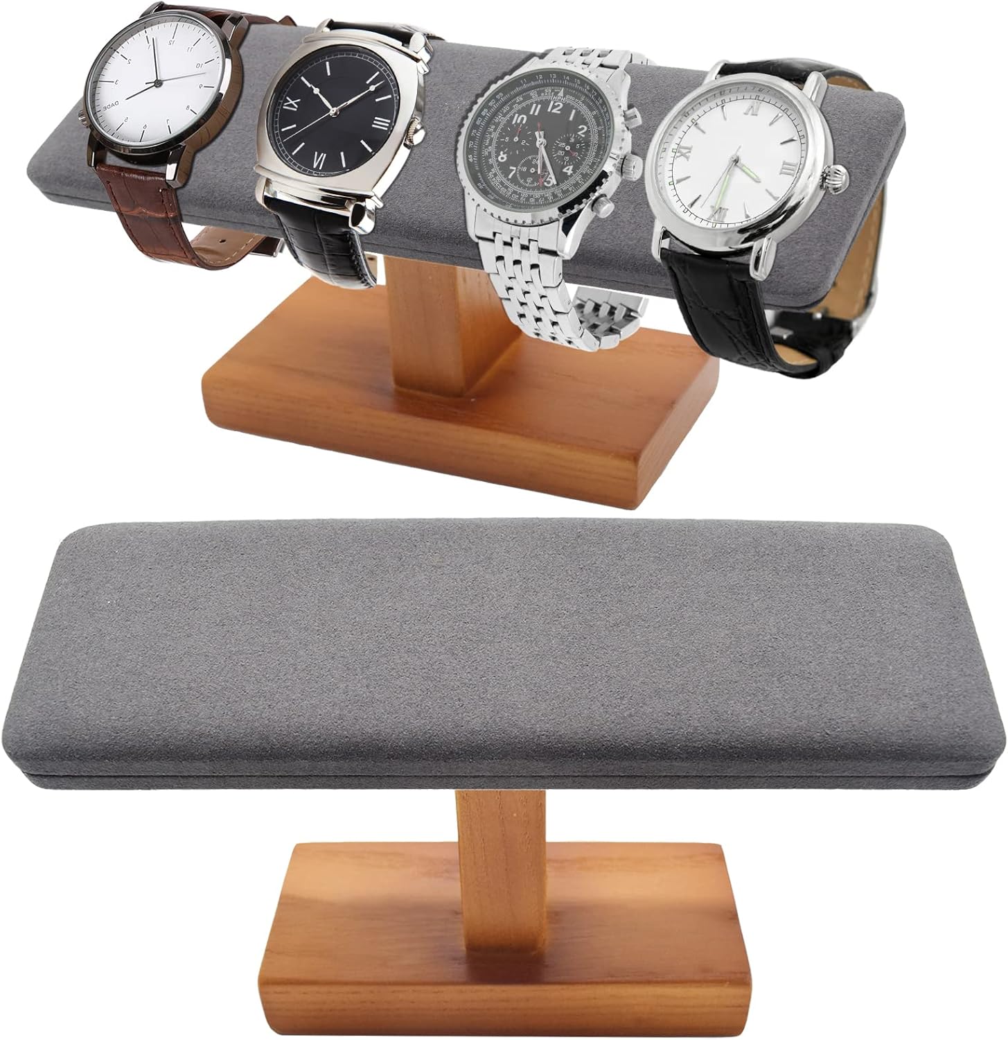 　　　 -------商品詳細------- 【サイズと素材】幅20×奥行6×高さ11cm　クッション部分：スエード　土台部分：天然木。　 大切な時計をまるで宝飾店のように美しく飾ることができます。高級感のある腕時計スタンドにかけることで、貴方の大切な腕時計が引き立てます。 【綺麗に飾れる】腕時計を掛ける部分の傾斜は盤面が見やすい角度となっています。腕時計の美しさを引き立たせるシンプルで美しいデザインにこだわりました。 【多目的・多用途】腕時計以外ブレスレット、バングル、ネックレス等も収納できるスタンドです、お家のアクセサリーの整理やお店での展示など幅広くご利用いただけます。腕時計、ネックレス、ブレスレッド等はもちろん、指輪やイヤリングを台座に置いて使用することもできます。更に腕時計をかけた状態でデスクに置くことで置き時計としても使えます。 【安心素材・安心設計】スエード調のクッションを採用しており大切な時計を擦り傷から守ります。木製部分は高い強度と耐久性、美しい木目を兼ね備えた天然木”ヤチダモ”を使用し、高級感があふれています。温かみのあるデザインが腕時計の素材を引き立てます。 【一年保?付】お取り扱いが不適切なことなく、故障及び損傷が生じた場合故障品が修理ではなく、直接交換対応です。超便利な保証対策です！「思っていたのとちょっと違う」など不満があった場合でも、無条件で返品・返金に対応させていただきます（購入より360日以内）。安心保証の連絡方法：注文履歴より販売元にご連絡してください説明 腕時計を掛ける部分の傾斜は盤面が見やすい角度となっています。高級感のある腕時計スタンドにかけることで、貴方の大切な腕時計を引き立てます。 腕時計の美しさを引き立たせるシンプルで美しいデザインにこだわりました。大切な時計をまるで宝飾店のように美しく飾ることができます。 腕時計、ネックレス、ブレスレッド等はもちろん、指輪やイヤリングを台座に置いて使用することもできます。 腕時計 スタンド