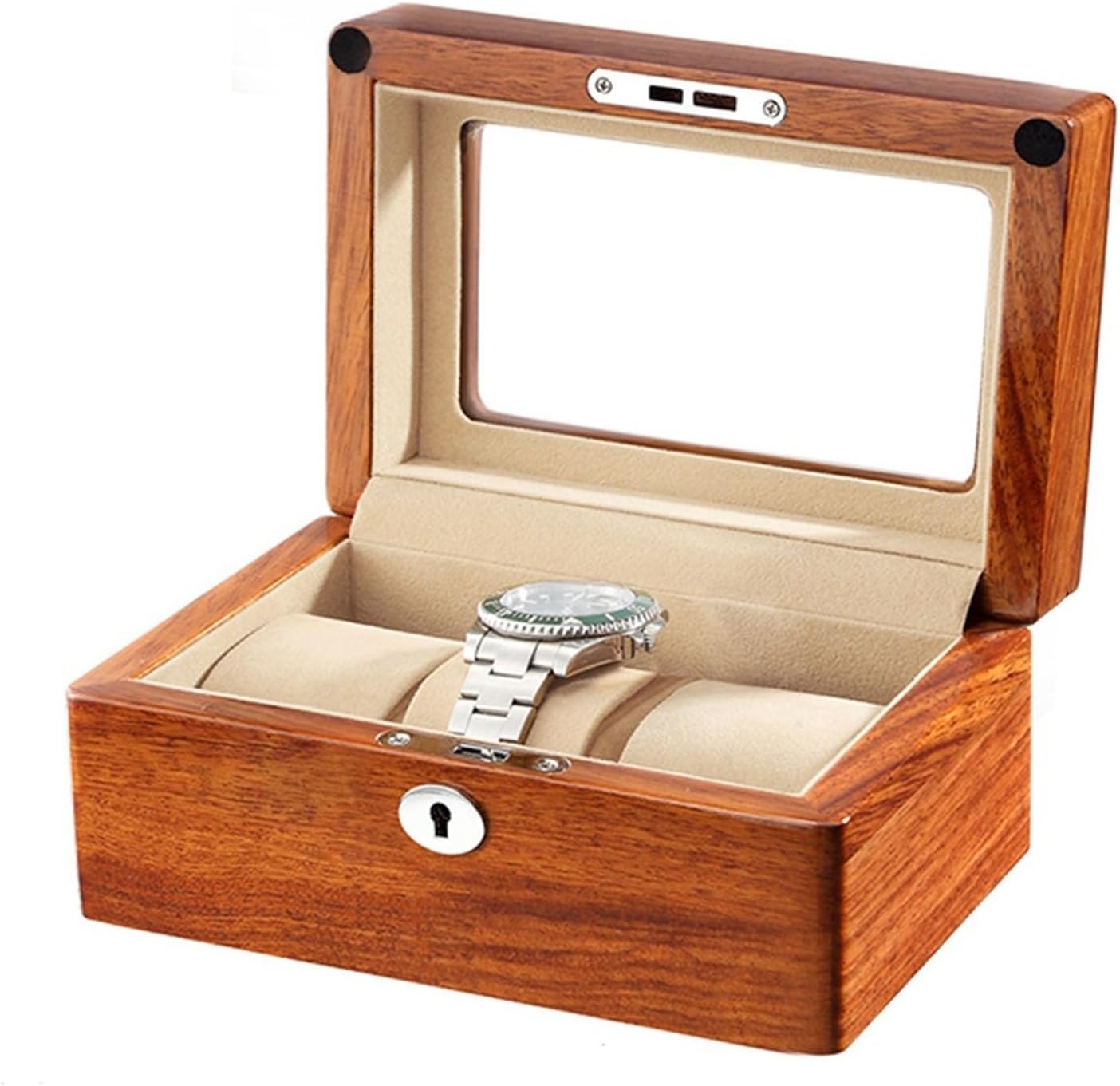 時計ケース3本用 腕時計収納ボックス 時計 コレクションケース 木製 腕時計ショーケース高級ウォッチボックス 展示透明窓ピアノラッカーガラス天板仕切取外し可能 マイクロファイバークロス鍵付き プレゼン