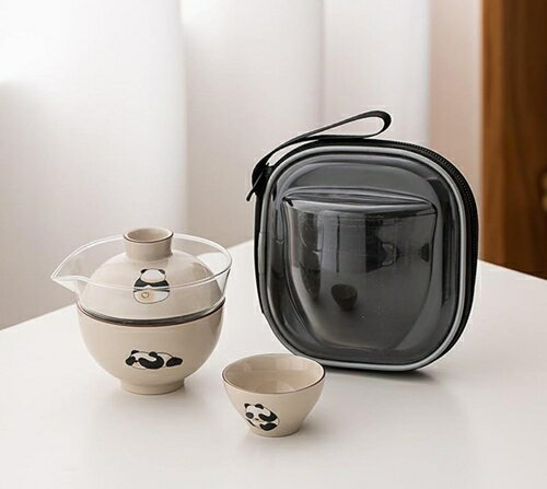 パンダ 旅行ティーセット 携帯用 旅行 収納バッグ付き 茶器セット 茶具 カンフー茶器 陶器 急須 茶杯 ..
