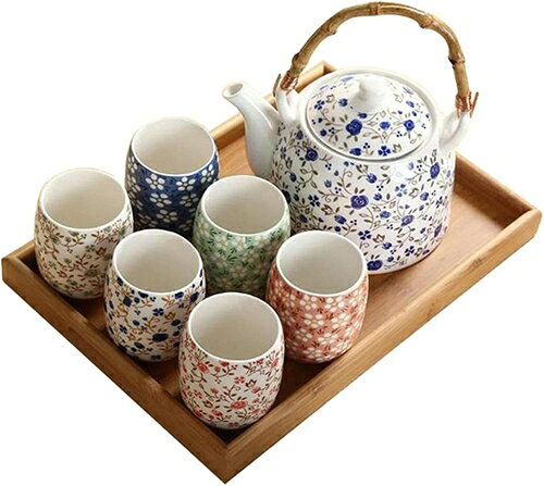急須 湯呑み 茶托 8点セット 茶器セット ティーポット 茶器揃 花柄 和風 茶具 煎茶碗 陶磁 自宅用 プレ..