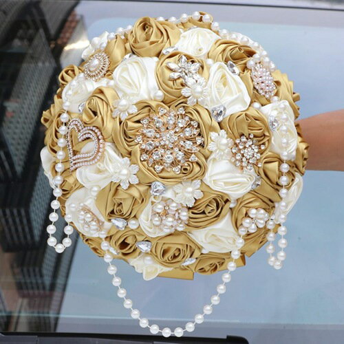 ウエディングブーケ 花嫁ブーケ サテン パール ビジュー ラウンドブーケ ブーケトス 造花飾り シルクフ..