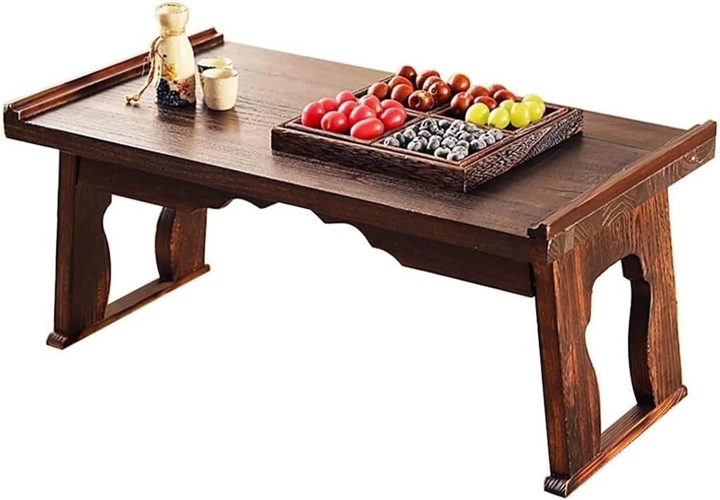 折りたたみコーヒーテーブル、レトロな無垢材のティーテーブル、瞑想テーブル、ベッドでの朝食、サービ..