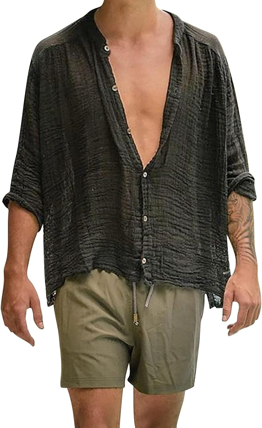 メンズ シャツ 秋服 長袖 シャツ メンズ リネンシャツ カジュアルシャツ 長袖 スリムフィット 麻折り襟..