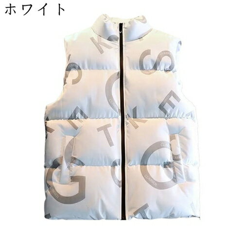 ダウンベスト 中綿ベスト ペアルック 秋冬 立ち襟 ノースリーブ ジップアップ ライトウエイト あたたかい カジュアル 英字柄 かっこいい ゴルフ 普段使い 防寒ベスト メンズ レディース 3色 大きいサイズ M〜5XL