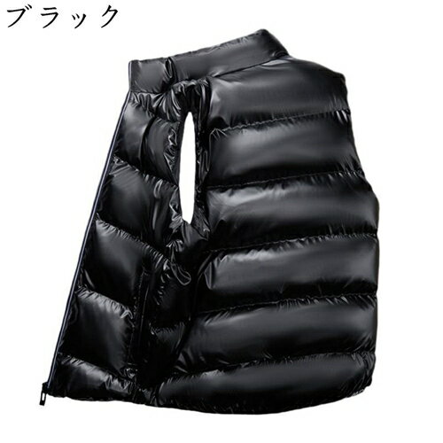 エナメル 光沢 ダウンベスト ペアルック メンズ 秋冬 厚手 防風防寒 袖なし スタンドカラー ジップアッ..
