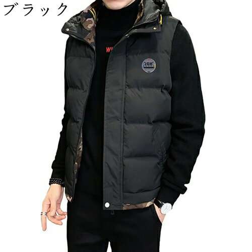 英字柄 迷彩 ダウンベスト 中綿ベスト メンズ ノースリーブ フード ポケット ファスナー パファーベスト 部屋着 ゴルフ オシャレ 韓国 ベスト 秋 冬 ふわふわ 厚手 あったか 防寒対策 ゆったり 大きいサイズ