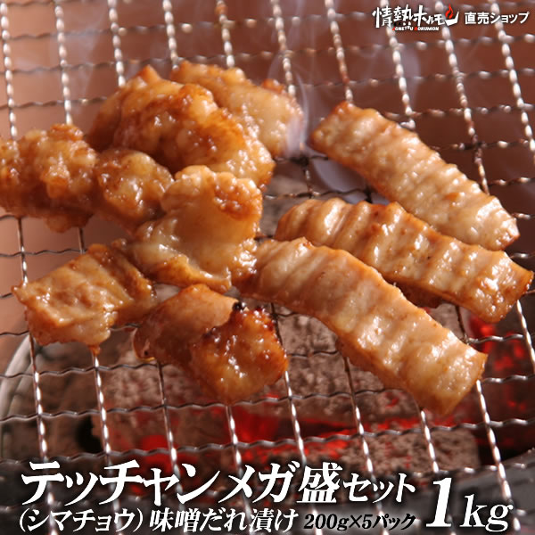 情熱ホルモン 焼き肉 焼肉 送料無料 テッチャン シマチョウ 味噌だれ漬けメガ盛セット 1kg 焼肉 焼肉セット バーベキューセット BBQセット 肉 にく (北海道・沖縄配送は別途送料追加)