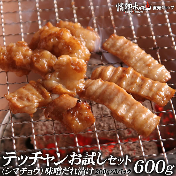 情熱ホルモン 焼き肉 送料無料 テッチャン シマチョウ 味噌だれ漬け お試し セット 600g 焼肉 焼肉セット バーベキューセット BBQセット 肉 にく (北海道・沖縄配送は別途送料追加)