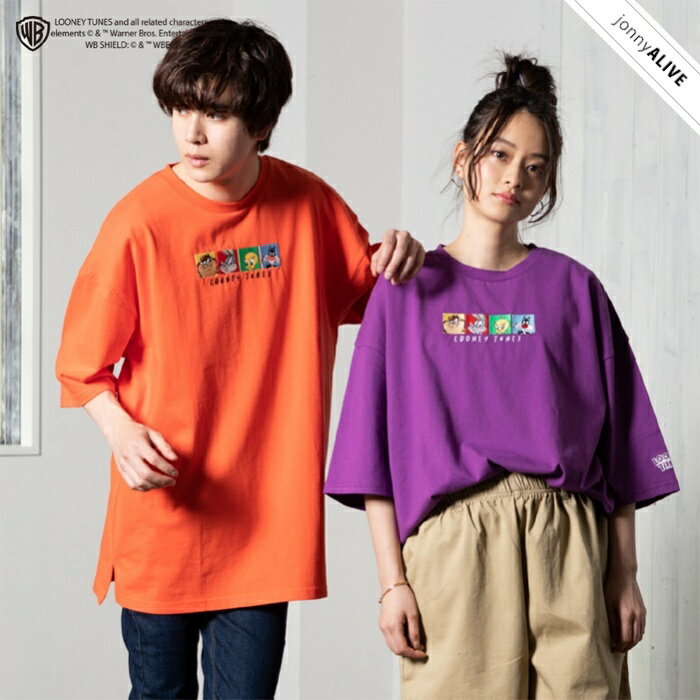 【福袋まとめ買いクーポン×P5倍】 Tシャツ 半袖 ルーニーテューンズ コラボ(バッグス・バニー/トゥイーティー/シルベスター/タズマニアンデビル) フロントプリント＆刺繍 【LOONY TUNES】ダブルネーム M L LL 白 チャコール 緑 紫 オレンジ アウトドア【メール便7】