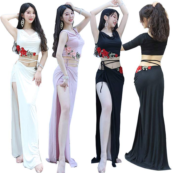 ベリーダンス 衣装 セット 袖 2タイプ トップス スリット入り スカート 2点セット ベリーダンス レッスン着 練習着 衣装 セットアップ ダンス 衣装 ステ...