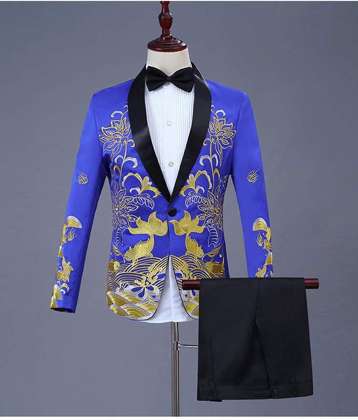 ステージ衣装 メンズ 花刺繍 スーツ セットアップ 男性 忘年会 新年会 発表会 ダンス 衣装 刺繍 スーツセット 舞台 ステージ衣装 タキシード コスプレ衣装　結婚式 パーティー 司会者 カラオケ衣装 ハロウィン衣装 クラブ衣装 薔薇バラ 赤 ブルー 送料無料