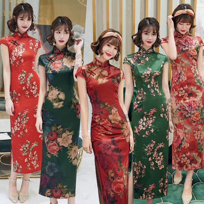 チャイナドレス ロング丈 花柄 牡丹 パーティードレス 大きいサイズ チャイナ服 レディース 大人 結婚式 二次会 2次会 パーティー お呼ばれドレス 演奏会 発表会 イベント 忘年会 ハロウィン コスプレ衣装 仮装 コスチューム 中華ドレス