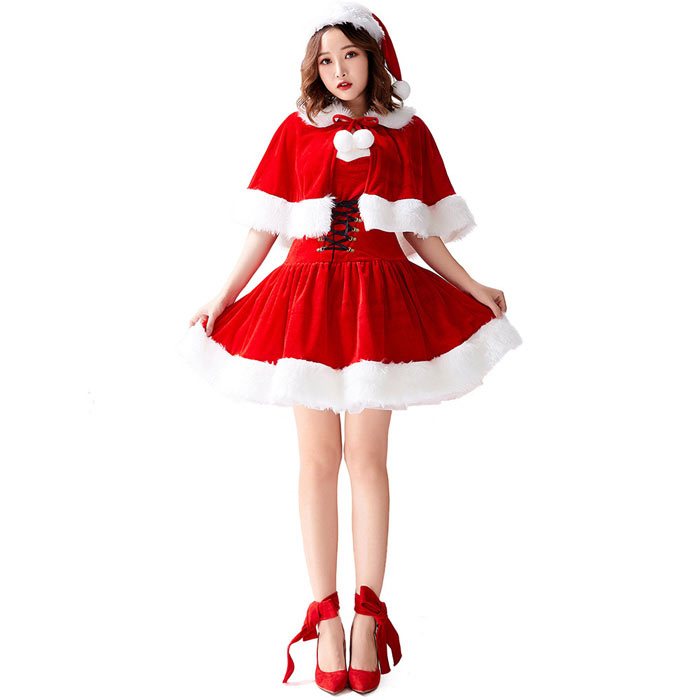 Joon store 楽天市場店のサンタ コスプレ 可愛い レディース サンタワンピース サンタスロース 衣装 サンタコス サンタ コスチューム 3点セット ポンチョ ケープ サンタ 衣装 サンタクロース コスプレ 衣装 仮装 クリスマス コスプレ サンタ コスチューム 衣装 サンタ コス サンタ衣装 レッド 赤｜アングル3