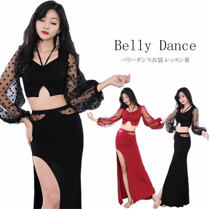 ベリーダンス 衣装 セットアップ ベリーダンス レッスン着 練習着 衣装 セット ロング丈 ヒップスカーフ スカート レッスンウェア シースル トップス 長袖 ...
