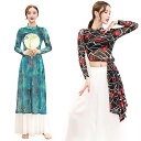 ダンス 衣装 ロング丈 長袖 スリット入り ダンストップス ストレッチ チュール チャイナドレス 中国古典舞踊ダンスウエア チャイナ服 民族風ダンス衣装 レディ...