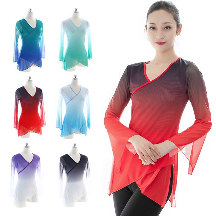 ダンス 衣装 グラデーション シースルー 長袖 トップス チャイナ風 古典 ダンス衣装 レッスン着 古典ダ..