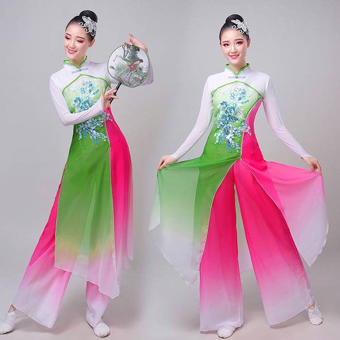 乐天商城 - ダンス衣装 セットアップ 古典舞踊ダンス衣装 レディース 民族衣装 チャイナ服 エスニック風 中華風ダンス衣装 レッスン着 グラデーション 花柄チャイナドレス ロング丈トップス シフォン ワイドパンツ 上下セット 扇子ダンス 舞台 ステージ衣装 文化祭 イベント S-3XL