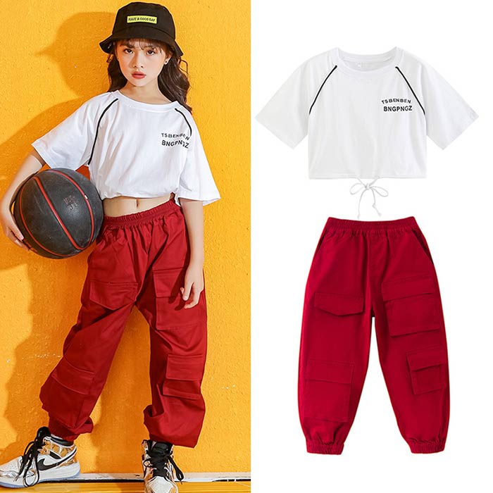 キッズ ダンス 衣装 ヒップホップ ダンス 衣装 子供 ジュニア 女の子 ヘソ出し ショート丈 半袖tシャツ カーゴパンツ ロング丈 ダンスパンツ ガールズ HIPHOP ダンスウエア ジャズダンス キッズ ダンス衣装 レッスン 着 練習着 子供服110 120 130 140 150