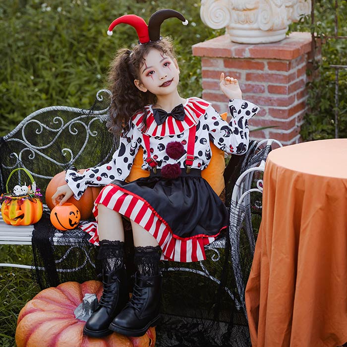 ハロウィン コスプレ 子供 ピエロ 魔女 仮装 衣装 サーカス クラウン 道化師 コスチューム 衣装 仮装 ピエロガール 魔法使い ハロウィン仮装 忘年会 新年会 ハロウィン衣装 コスプレ衣装 110-150cm トップス スカート カチューシャ サスペンダー 4点セット joonstore-10001267 Joon store 楽天市場店 サンプル画像2