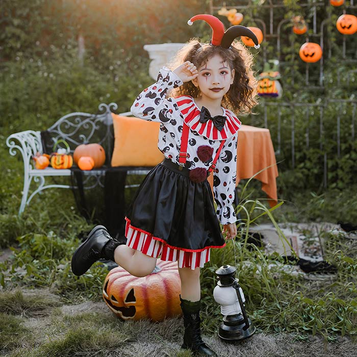 ハロウィン コスプレ 子供 ピエロ 魔女 仮装 衣装 サーカス クラウン 道化師 コスチューム 衣装 仮装 ピエロガール 魔法使い ハロウィン仮装 忘年会 新年会 ハロウィン衣装 コスプレ衣装 110-150cm トップス スカート カチューシャ サスペンダー 4点セット joonstore-10001267 Joon store 楽天市場店 サンプル画像3