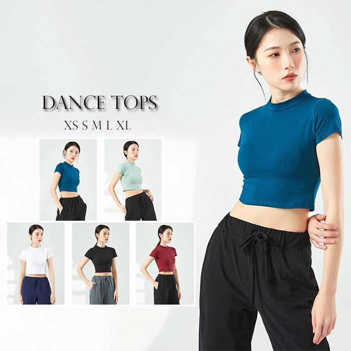 ダンストップス ショート丈 Tシャツ ダンス ハーフトップ へそ出し トップス 半袖 無地 クロップドTシャツ ミニT フィットネス トレーニング ウエア スポーツ ストレッチ ヨガ レッスン 練習着 おしゃれ チラ見せ