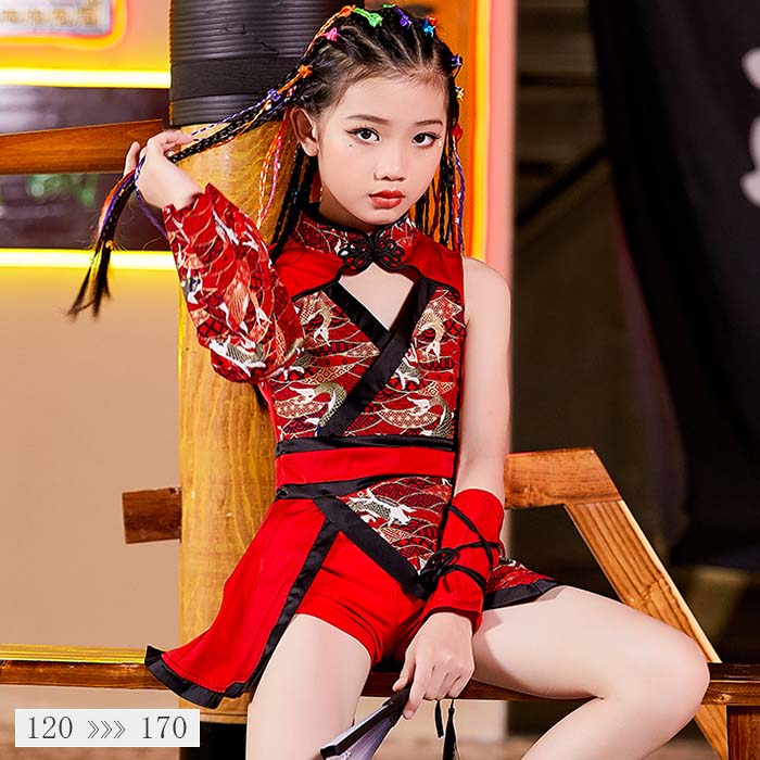 キッズ ダンス 衣装 セットアップ ヒップホップ ジャズ ダンス衣装 レッド チャイナ風 ダンス衣装 女の子 おしゃれ ダンス 服 発表会 HIPHOP ジュニア 大きいサイズ 150 160 170 ハロウィン コスプレ チャイナ 仮装 衣装 レッド 赤 子供服 キッズ ジュニア 舞台ステージ衣装