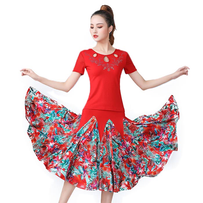 ダンス衣装 社交ダンス トップス スカート セット衣装 半袖 トップス 広がるスカート フレアスカート おしゃれ ダンス レッスン着 セットアップ モダンダンス コーラス衣装 レディース 大人 ダンス衣装 発表会 広がるスカート ステージ 舞台 衣装 団体服