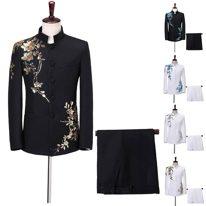 ステージ衣装 メンズ スーツ セットアップ 男性 ステージジャケット パンツ 上下2点セット スパンコール 立体花飾り 舞台衣装 キラキラ 忘年会 新年会 発表会 ダンス 衣装 舞台 ステージ衣装 タキシード パーティ 司会 カラオケ衣装 演出服 合唱 団体服 送料無料