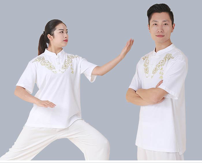 Joon store 楽天市場店の太極拳 半袖 tシャツ 武術Tシャツ 太極拳ウェア 太極拳服 チャイナカラー スリット入り カンフー服 半袖 スポーツウェア 表演服 練習着｜アングル2