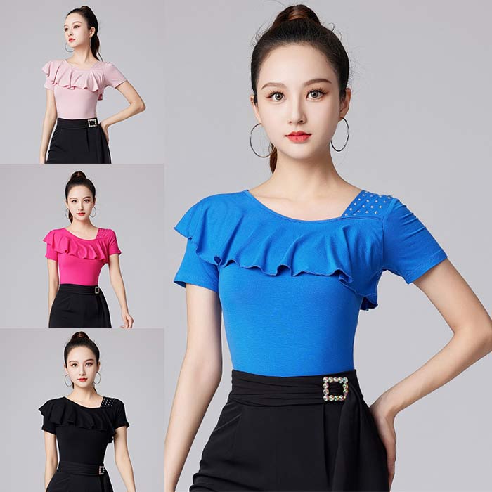 社交ダンス トップス フリル 半袖 tシャツ ラテンダンス 衣装 レッスン着 モダンダンス ラテンダンス タンゴ ワルツ トップス 初心者 入門ステップ 上級者 競技会 練習着 舞台衣装 ステージ衣装 演出服 ダンス発表会 パーティー 団体 演出服 M-4XL