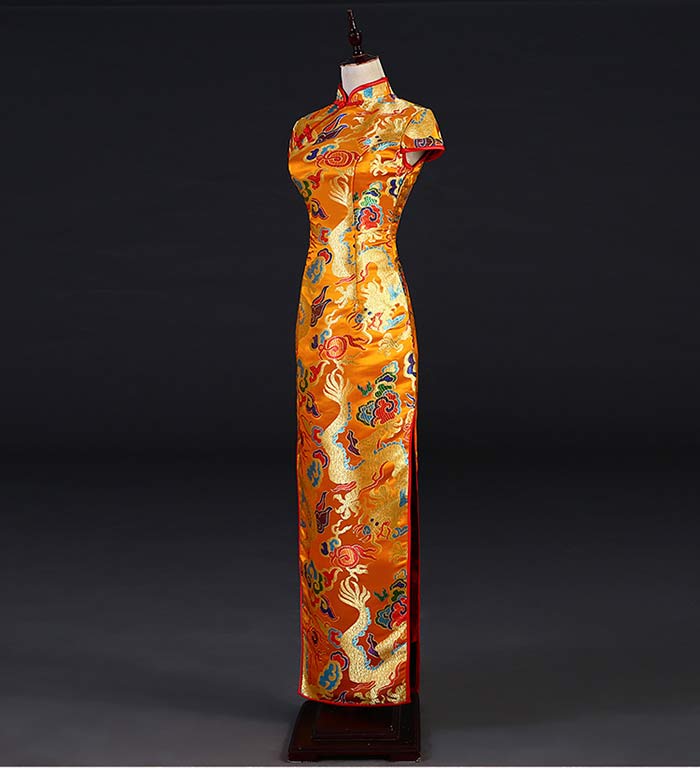 チャイナドレス ロング丈 龍柄 パーティードレス ロング丈 チャイナ服 中華服 舞台ステージ衣装 大きいサイズ ロングドレス 結婚式 忘年会 二次会 2次会 パーティー お呼ばれ 演奏会 発表会 披露宴 同窓会 舞台衣装 コスプレ 衣装 China Dress イエロー