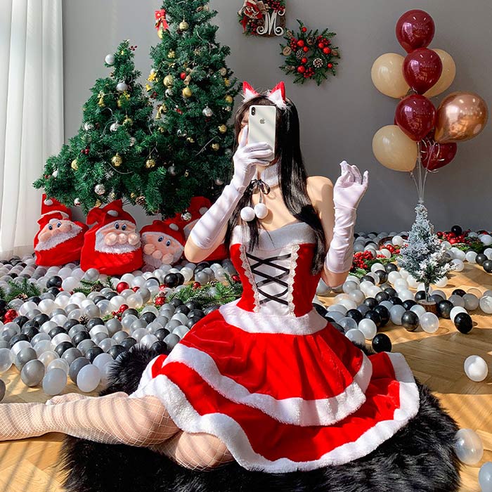 乐天商城 - サンタ コスプレ レディース セクシー クリスマス コスチューム サンタクロース 衣装 仮装 ベアトップ Aライン ワンピース ドレス サンタコス クリスマス コスプレ サンタ 衣装 サンタ コスプレ 女性 レディース コスチューム 女性 大人 かわいい セクシー