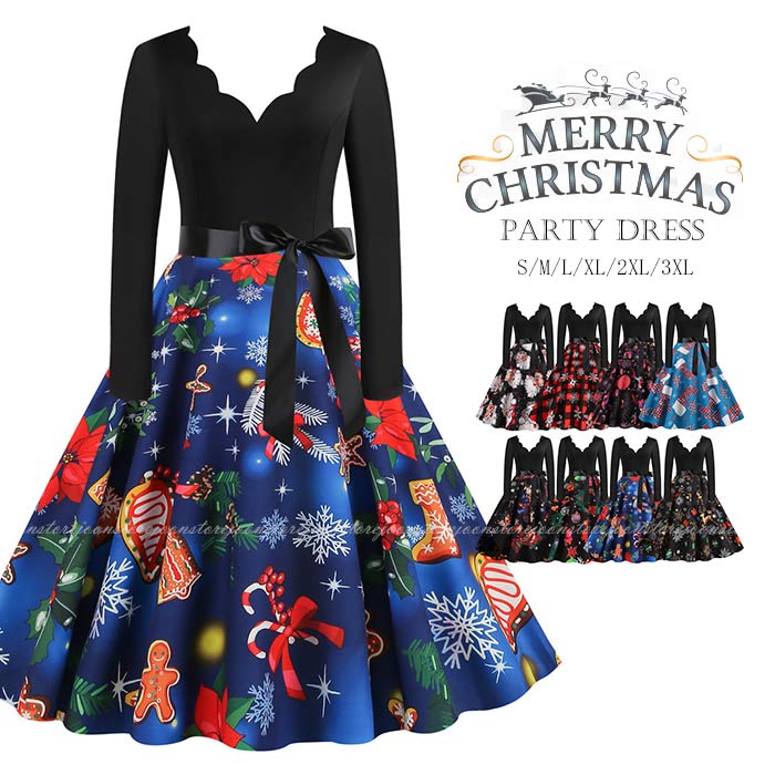 乐天商城 - クリスマスドレス フレアワンピース レディース レトロワンピース サンタ コスプレ 衣装 大きい裾 長袖 細身 ロング丈ドレス 雪だるま 雪柄 クリスマス 衣装 サンタクロース コスチューム 大きいサイズ 舞台演出服 パーティードレス 舞台お揃い 団服 舞台演出服 ダンス衣装