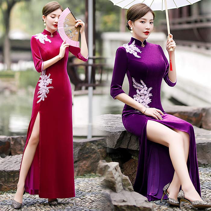 China Dress - チャイナドレス ロング丈 ベルベット素材 チャイナドレス 中華ドレス 古典漢服 ママ用ドレス スリットフォマールドレス 花柄 美シルエット 7分袖 優雅なチャイナドレス 中国風 演出撮影ドレス パーティー 二次会ドレス 大きいサイズ 春秋 冬用 送料無料