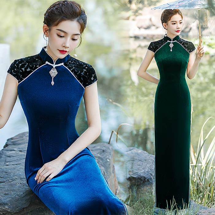 チャイナドレス ロング丈 ベルベット素材 チャイナドレス 中華ドレス 古典漢服 ママ用ドレス スリットフォマールドレス 花柄 美シルエット 袖あり 優雅なチャイナドレス 中国風 演出撮影ドレス パーティー 二次会ドレス 大きいサイズ 春秋 冬用 送料無料