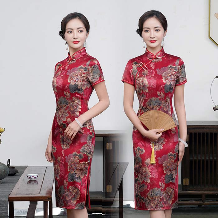 チャイナドレス ミモレ丈 半袖 大人用 チャイナ服 パーティードレス 花柄 美シルエット 優雅なチャイナドレス 中華服 中華ドレス 古典美人 パーティー 二次会 ドレス 演奏会 演出撮影 衣装 大きいサイズ 30代 40代 50代 春夏用 送料無料