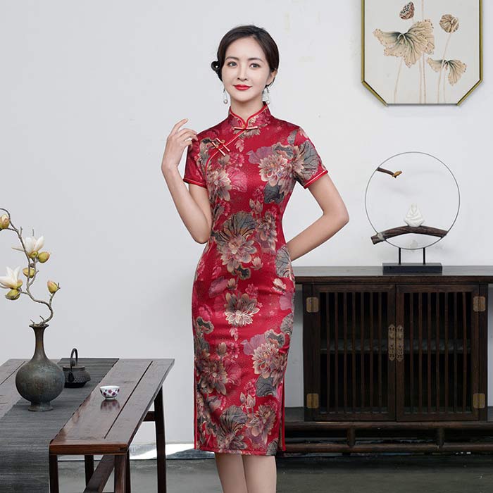 チャイナドレス ミモレ丈 半袖 大人用 チャイナ服 パーティードレス 花柄 美シルエット 優雅なチャイナドレス 中華服 中華ドレス 古典美人 パーティー 二次会 ドレス 演奏会 演出撮影 衣装 大きいサイズ 30代 40代 50代 春夏用 送料無料