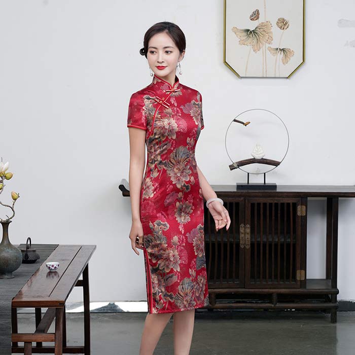 チャイナドレス ミモレ丈 半袖 大人用 チャイナ服 パーティードレス 花柄 美シルエット 優雅なチャイナドレス 中華服 中華ドレス 古典美人 パーティー 二次会 ドレス 演奏会 演出撮影 衣装 大きいサイズ 30代 40代 50代 春夏用 送料無料
